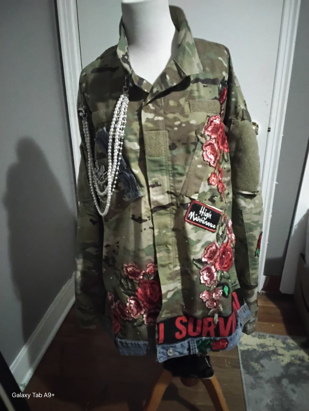 Embellished Camo Military Jacket with Red Rose Appliqués